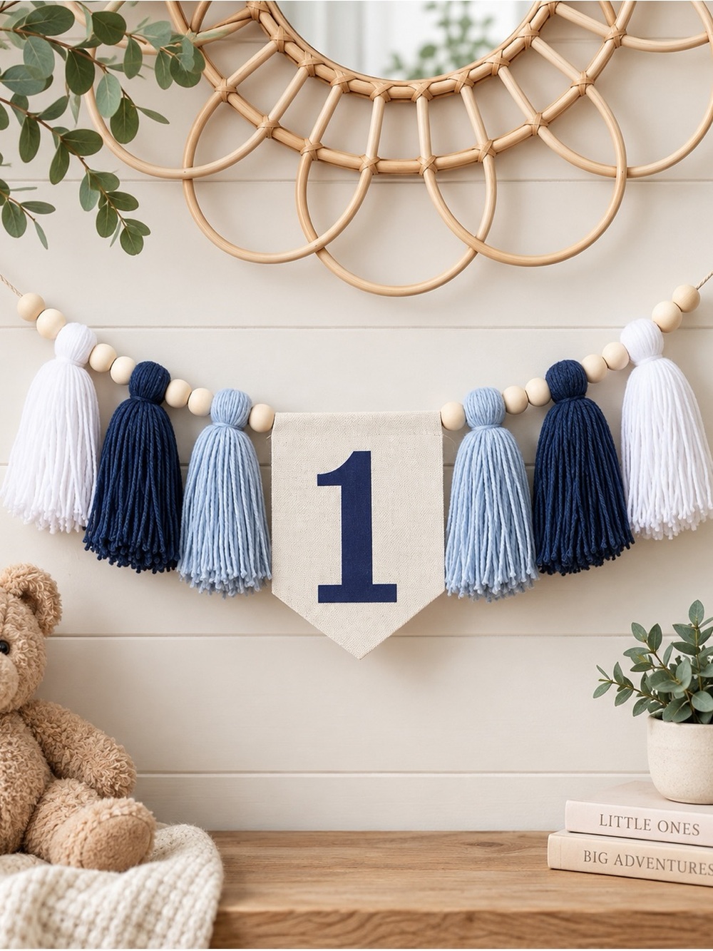 Blue and White Tassel Birthday Banner Garland - 1st Birthday Party Decoration